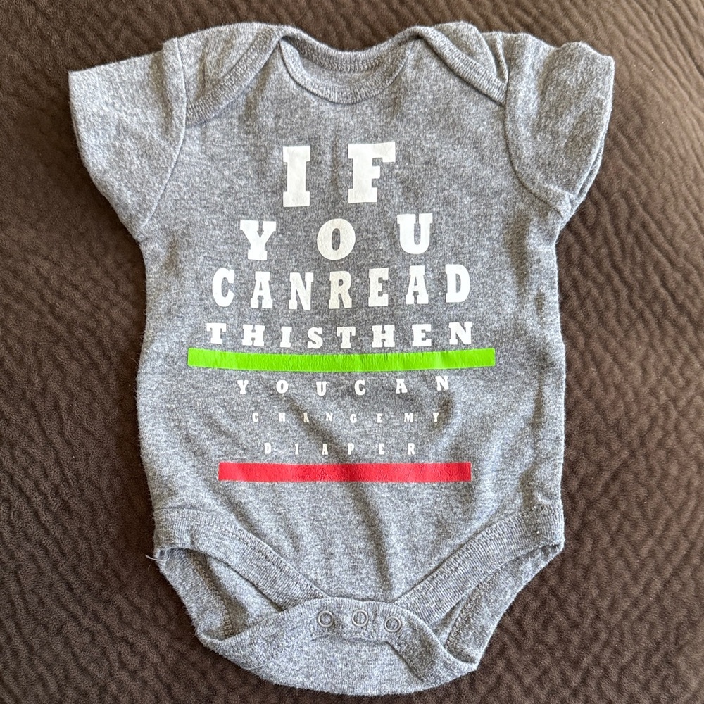 Rene Rofe Gray Baby Bodysuit with Eye Chart Graphic and Neon Stripes